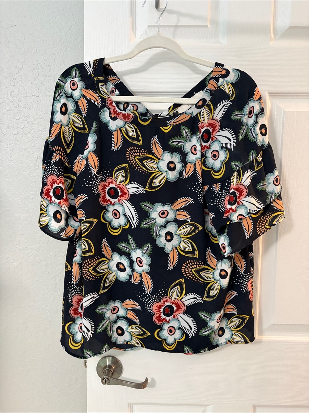 LOFT Navy Floral Flutter-Sleeve Blouse